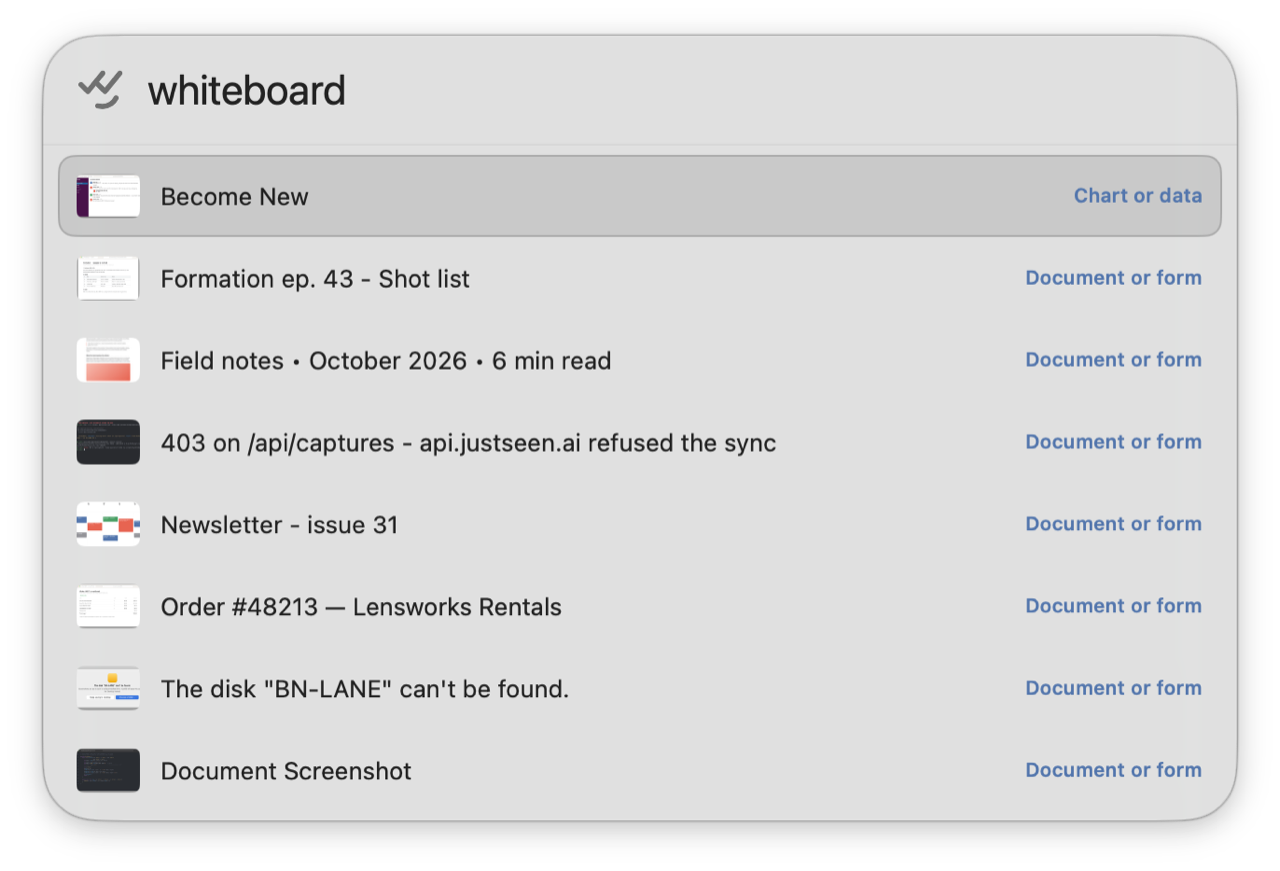 The search panel from any app: “whiteboard last tuesday” finds the Slack thread that mentioned it