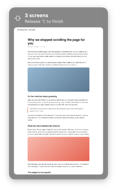 The scrolling-capture panel three screens in, the stitched page growing inside it: Release ⌥ to finish